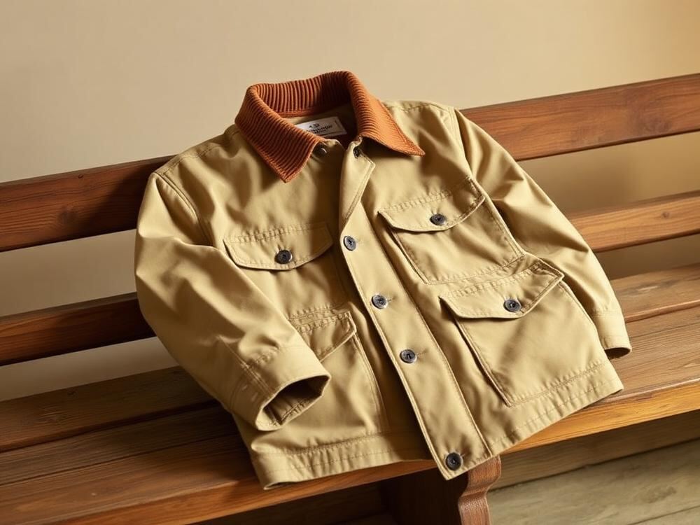Sand-coloured canvas chore coat folded on a wooden bench
