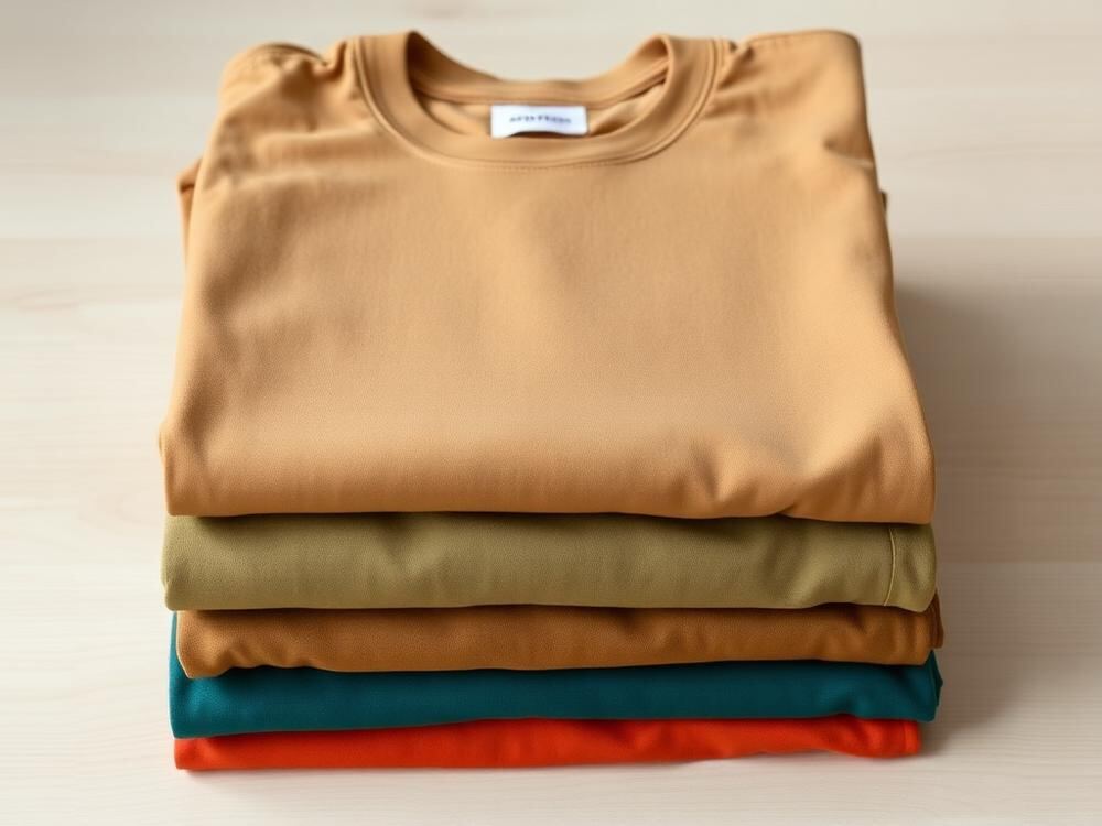 Stack of folded heavyweight cotton t-shirts in earth tones