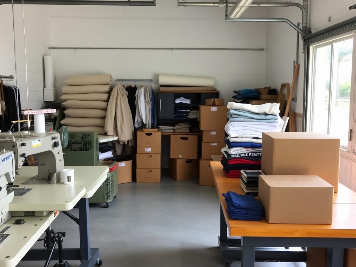 The BrightEdge Wears finishing room with sewing machines, canvas rolls and shipping boxes